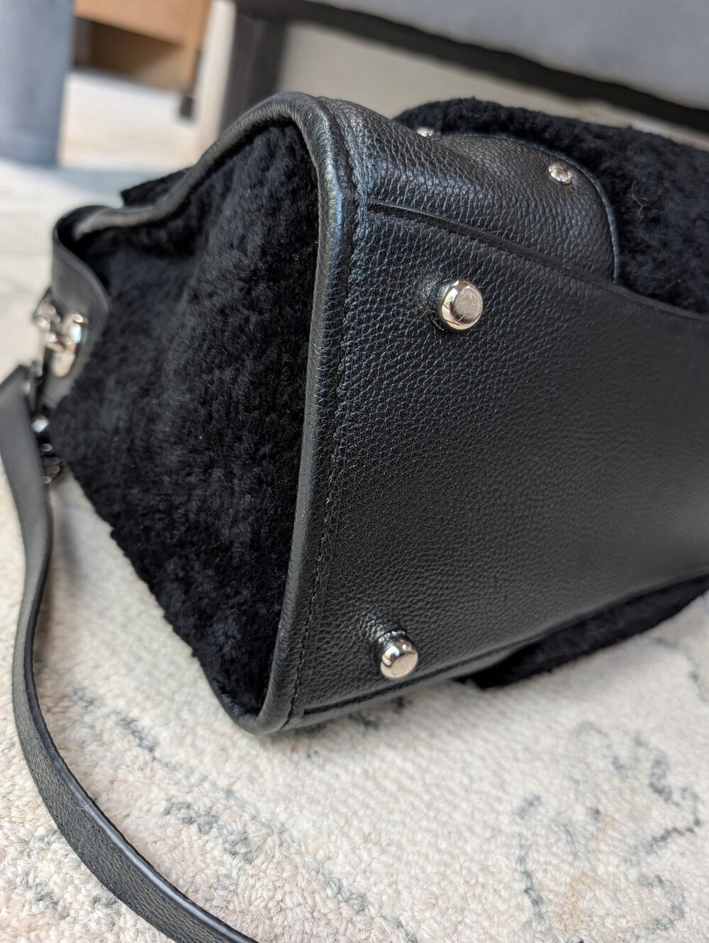 Coach Rhyder 30 Black Leather & Shearling Duffel Satchel - Picture 7 of 14